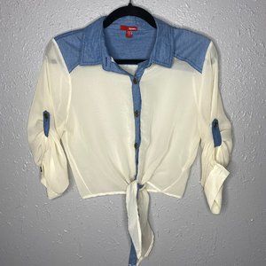 Blue and Cream Button Up Tie Waist Crop Top